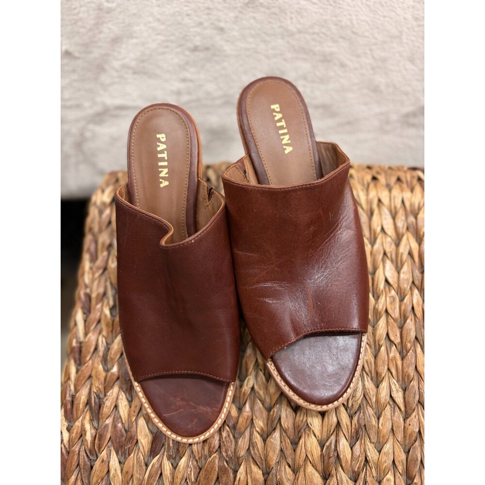 Patina Leather Peep Toe Wedge Sandals Women’s Size Us 8 Brown Slip-On Comfort